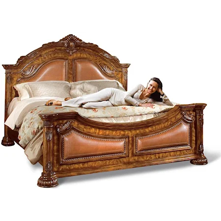 Traditional Queen Bed With Faux Leather Panels